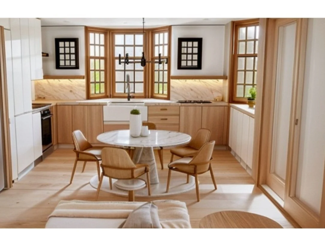 ADU kitchen design rendering with wood cabinetry and a round dining table.