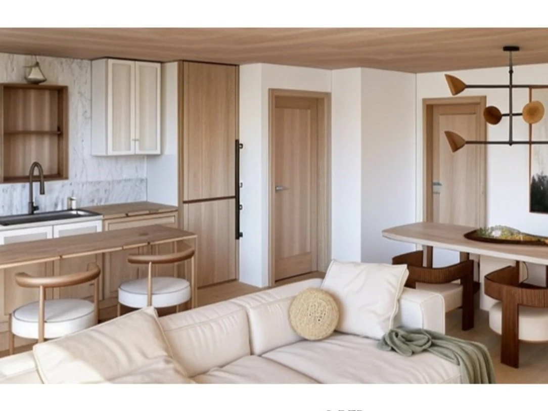 ADU interior design rendering with a living area and pale wood kitchen.