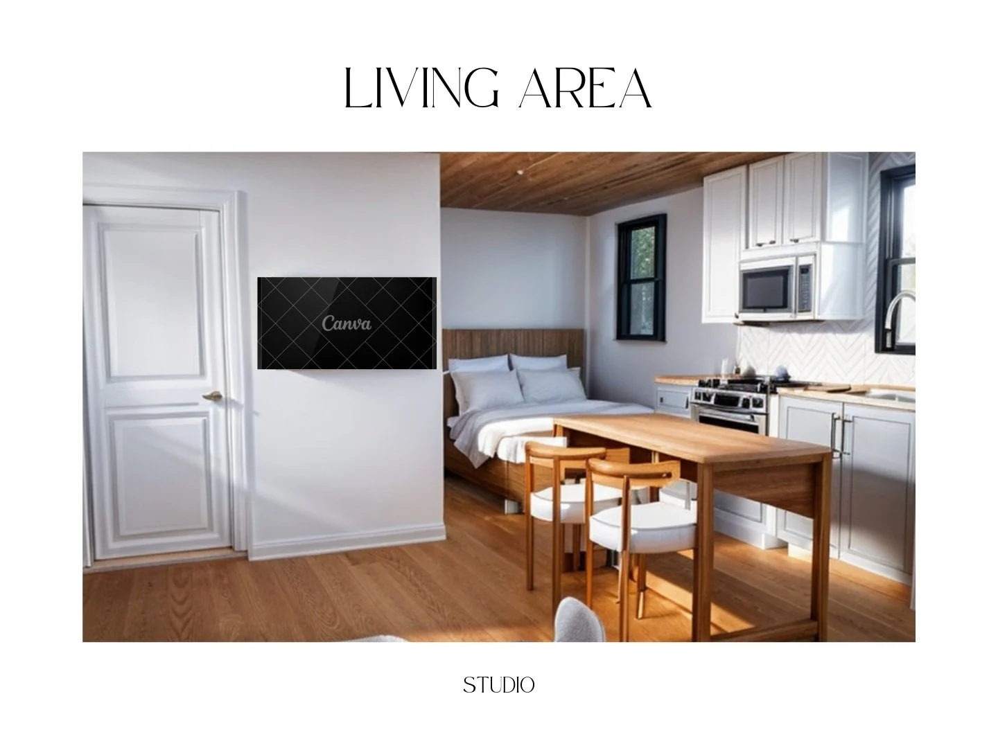 Studio ADU living-area concept with dining furniture and a kitchenette.