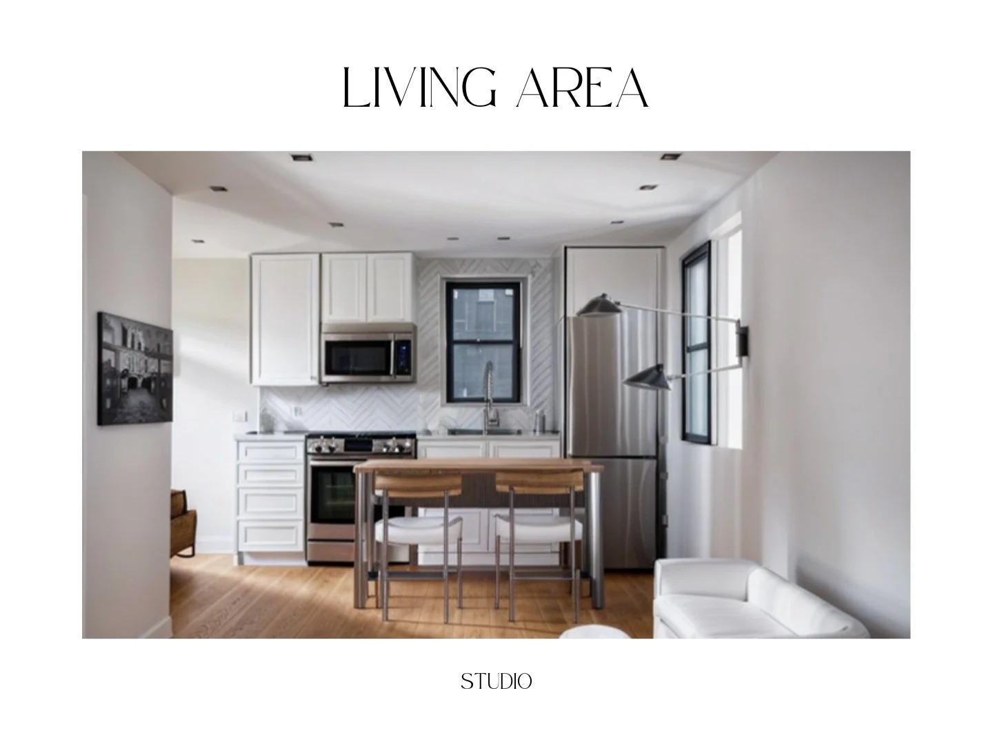 Studio ADU kitchen and living-area design rendering.