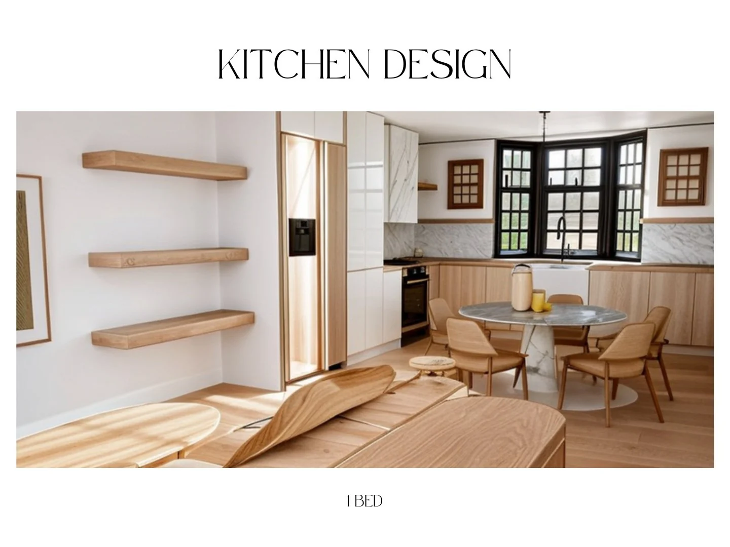 One-bedroom ADU kitchen design concept with wood cabinetry.