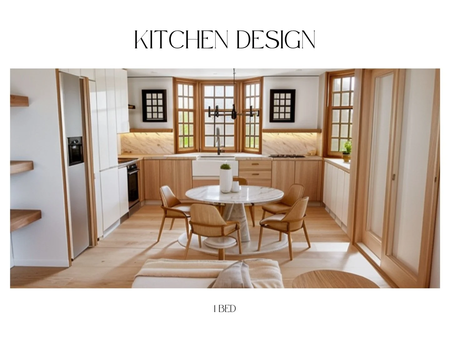One-bedroom ADU kitchen and dining design concept with bay windows.