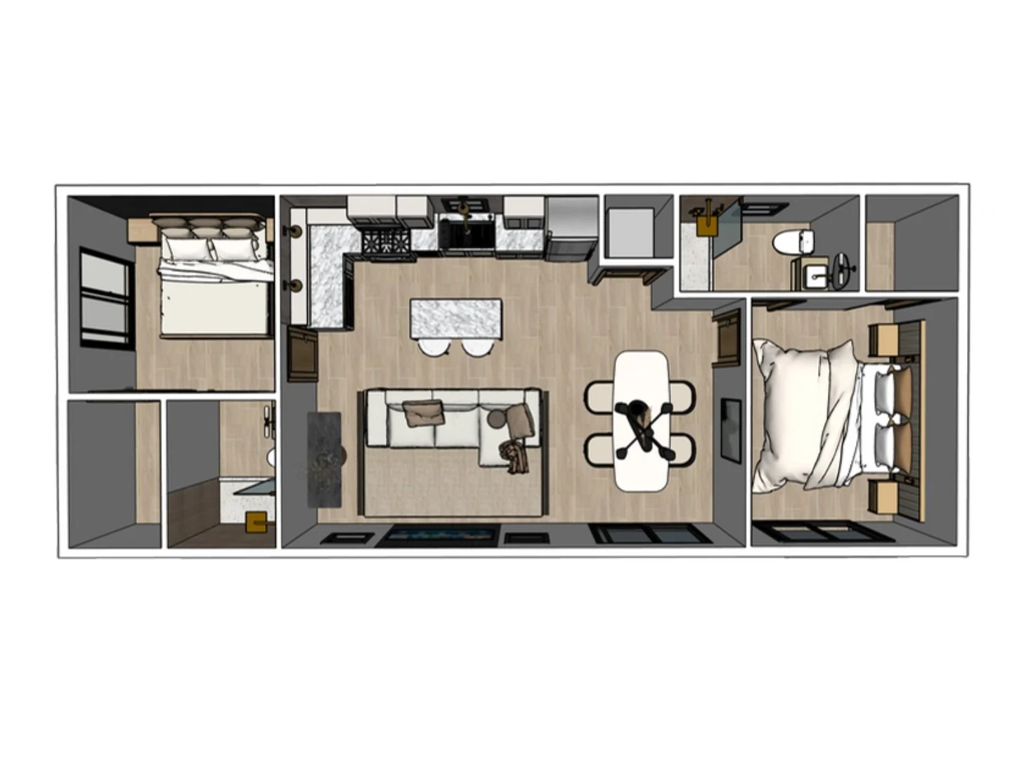 Two-bedroom ADU floor plan concept with kitchen, living and bathroom areas.