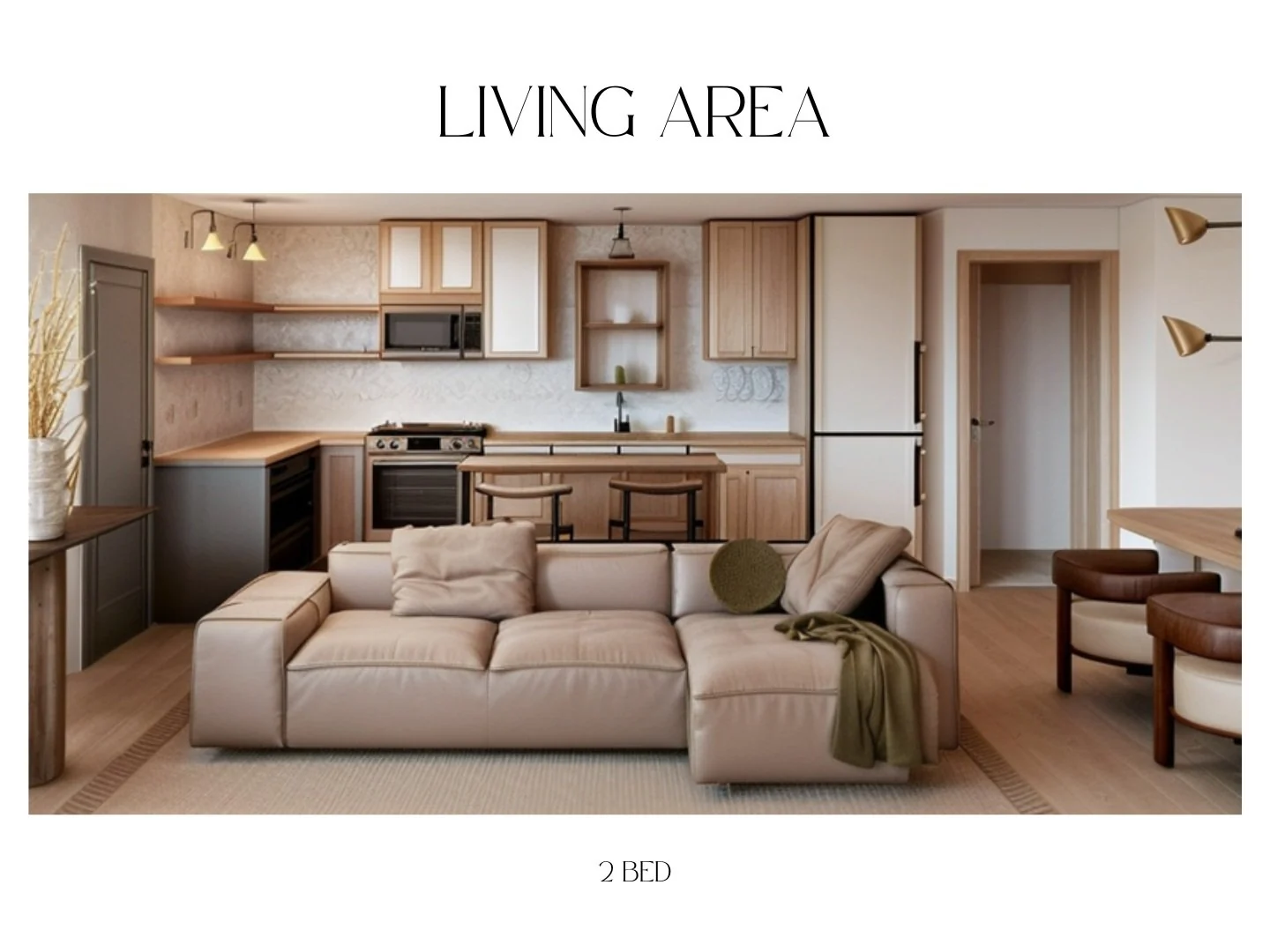 Two-bedroom ADU living-area design concept with a sofa and open kitchen.