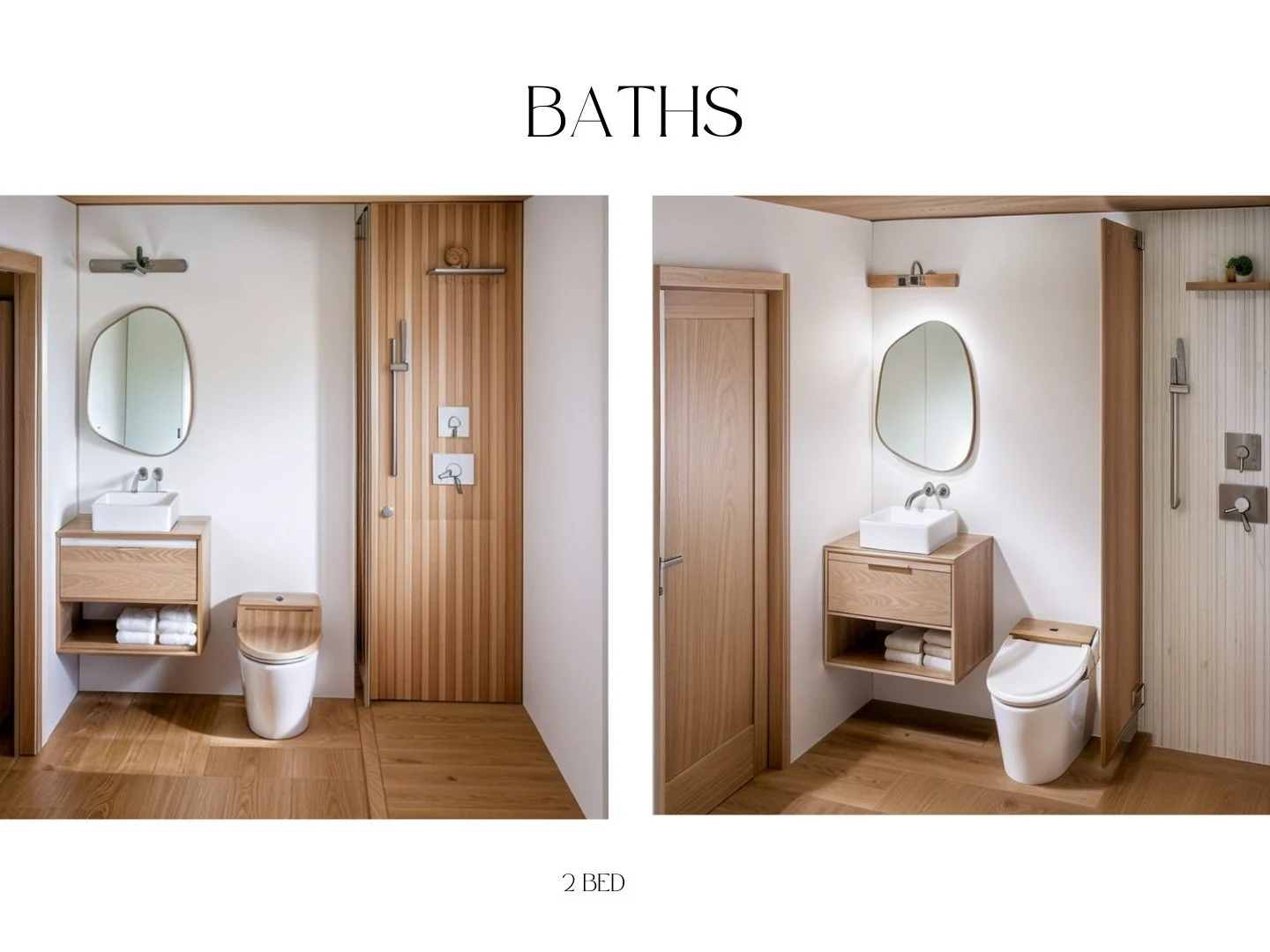 Two-bedroom ADU bathroom design concepts with wood vanities and tiled showers.