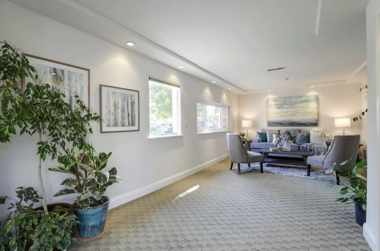 Carpeted living room with pale walls, framed artwork and green plants.