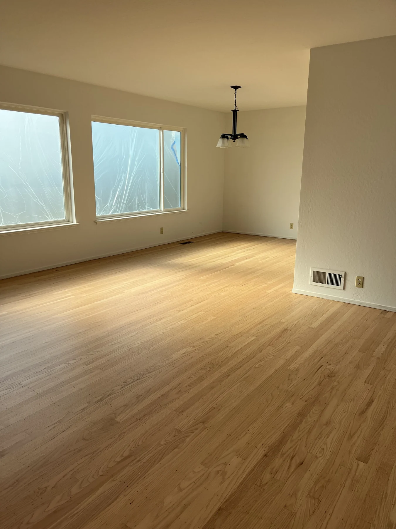 Empty interior room with pale walls and wood flooring.